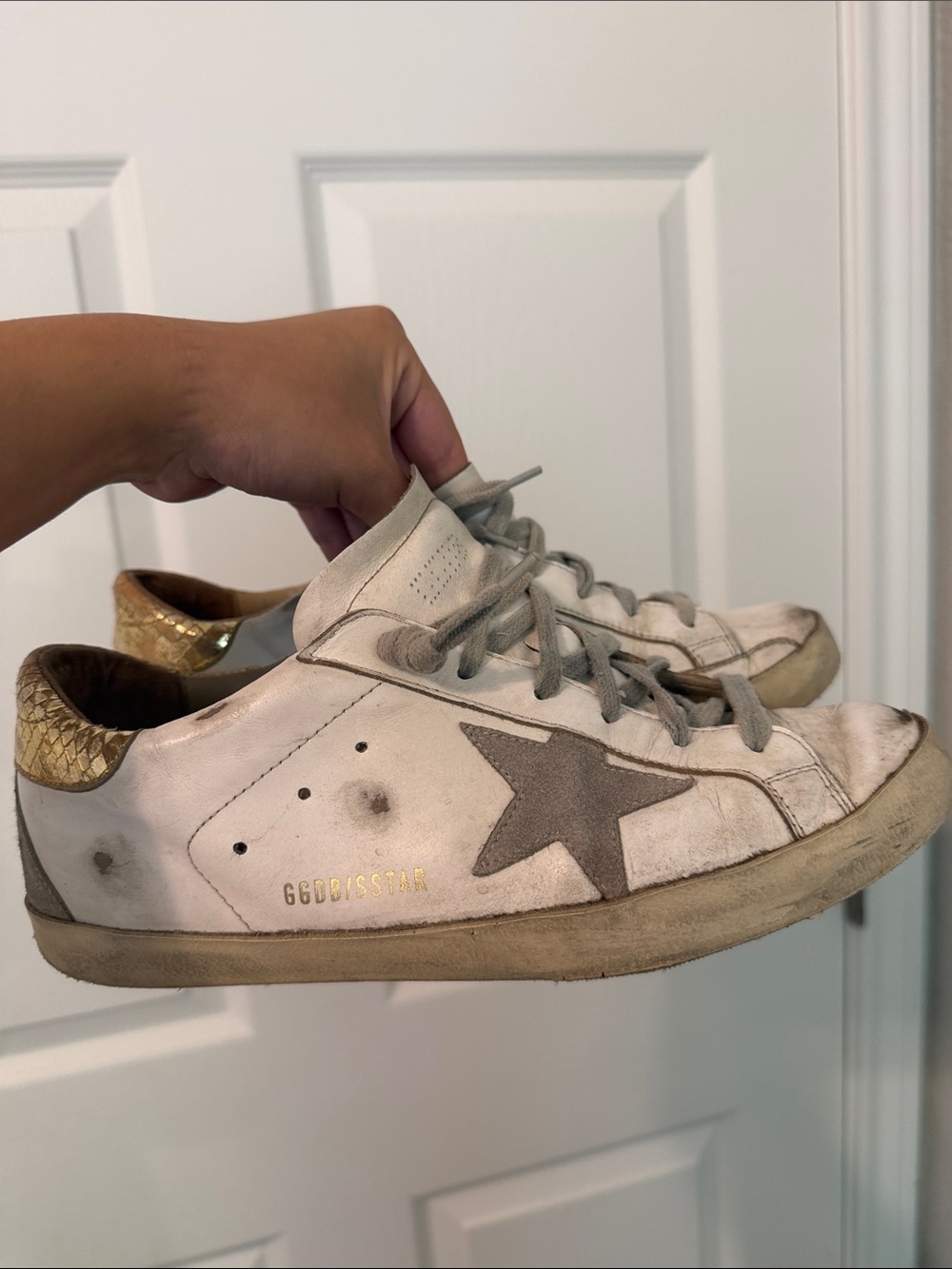 Golden Goose White Leather Sneakers with Gray Star and Gold Heel Tab size 39